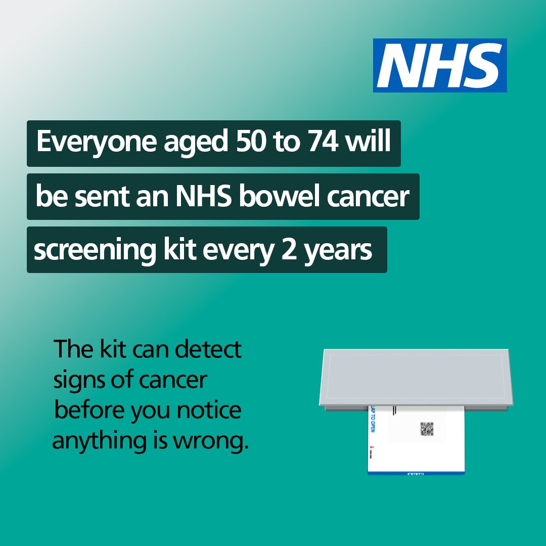 Bowel cancer screening can detect cancer early, which may mean it’s easier to treat.

Now, the NHS is starting to roll out home-testing kits to people aged 50 to 53 as the bowel cancer screening programme expands. People will automatically be sent a kit when they become eligible.