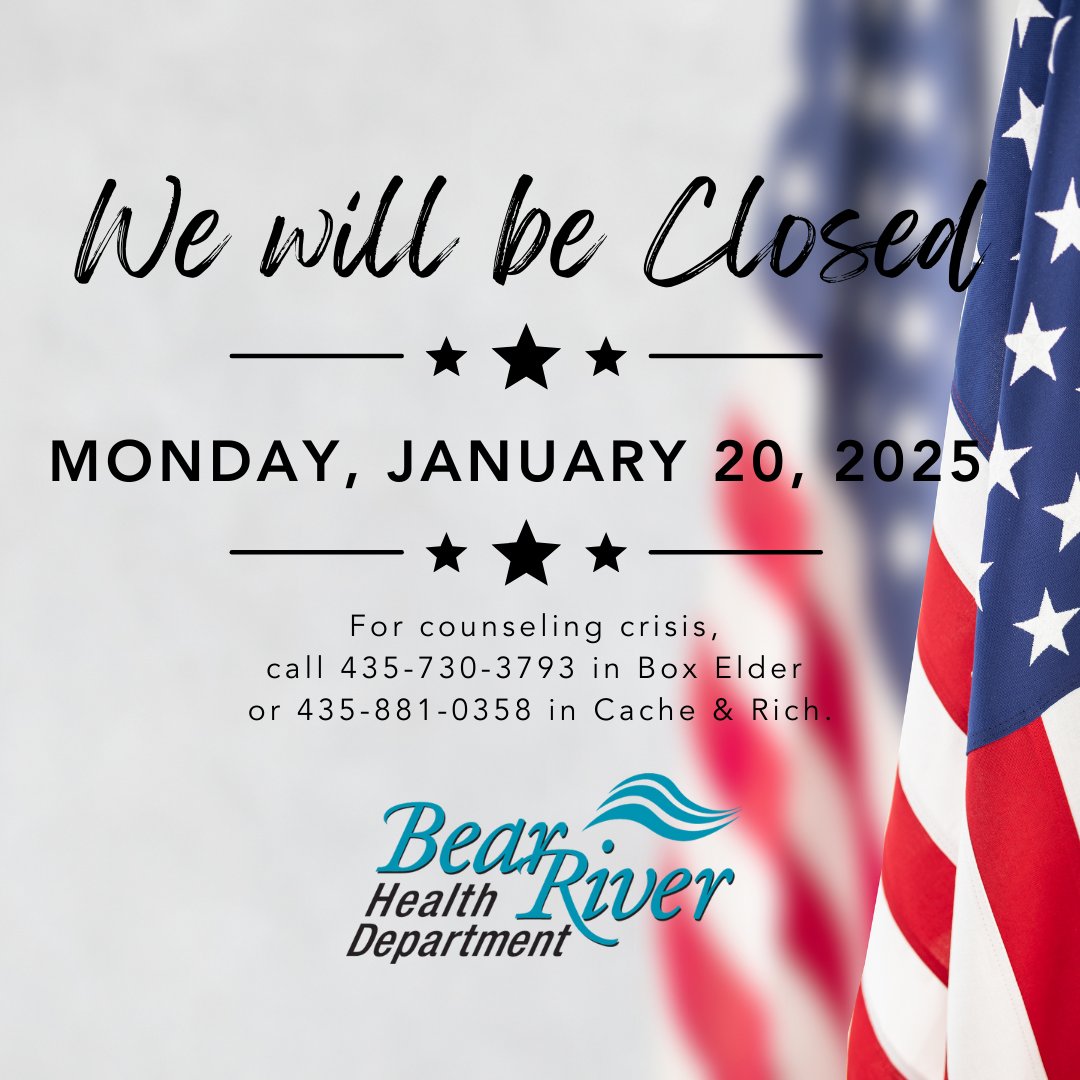 BearRiverHealth's tweet photo. The Bear River Health Department will be closed on Monday, January 20th. For emergency counseling crisis, call 435-730-3793 in Box Elder or 435-881-0358 in Cache and Rich.
#bearriverhealth https://t.co/f4zDTUm9xo