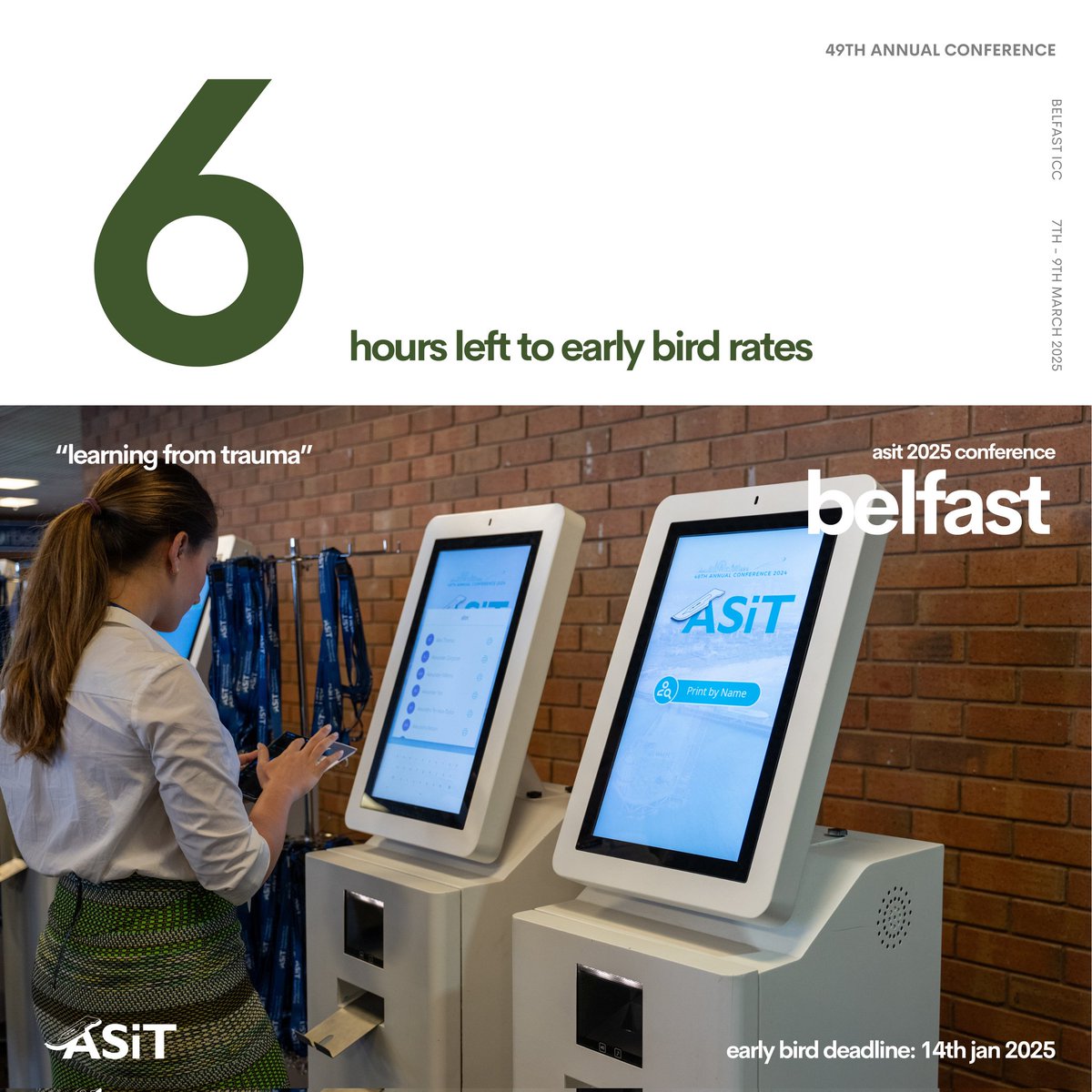 ASiTofficial's tweet image. 🚨 Final call! 🚨

Early bird registration for #ASiT2025 closes at 23:59 TONIGHT! ⏳️

Don’t miss your chance to secure discounted rates for this unmissable conference in Belfast. Register now and join us for an unforgettable learning experience.

#LearningFromTrauma