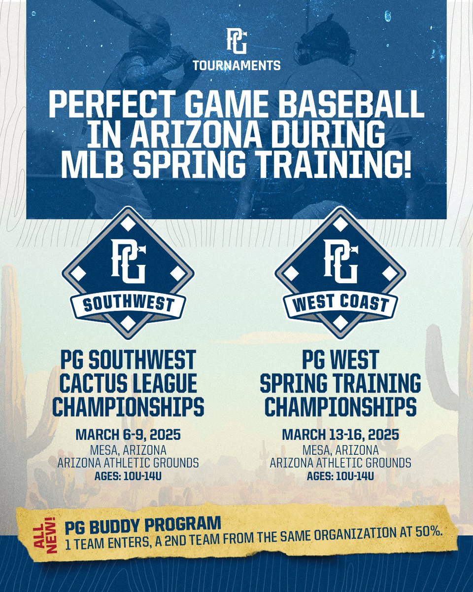 PG_FourCorners's tweet photo. BUDDY PROGRAM NOW LIVE!
Who doesn’t love spring time baseball in Arizona ?!? We want to see your organization at one of our elite competitions this spring. So sign up one team today and get another team in for 50% off their entry fee !
#perfectgame #pgscouting #pgfourcorners #pgaz #pgyouthbb