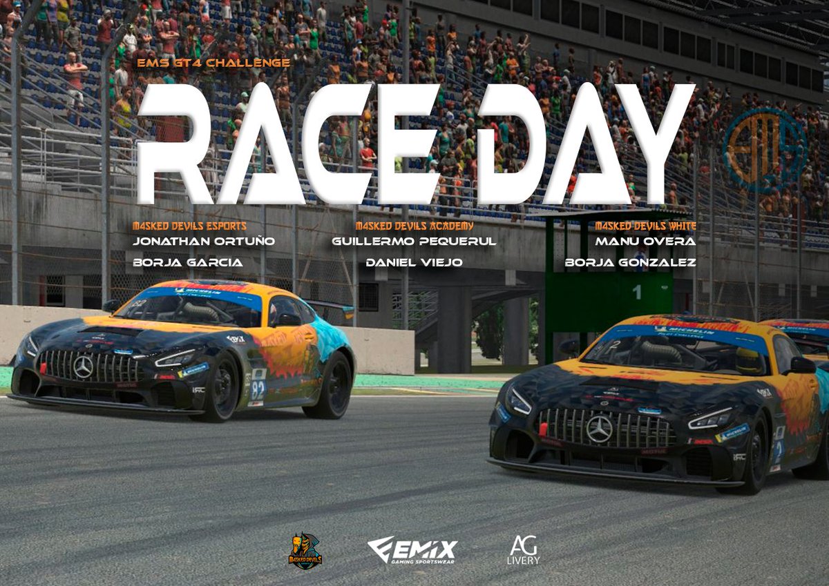 M4sked Devils eSports (@m4sked_devils) on Twitter photo #RaceDay 🏁
Completamos el doblete de carreras de esta noche con el estreno de la #GT4Challenge de <a href="/EMS_iRacing/">European Master Series</a> con 3⃣ parejas en pista
📍 Interlagos
👤 <a href="/jcmoracing/">点我头像-主页有微</a>
👤 <a href="/GartxiGR7/">Borja Garcia</a>
👤 <a href="/GuillermoPeque3/">Guillermo Pequerul</a>
👤 <a href="/sekunnin/">Daniel</a>
👤 <a href="/manu_overa/">Manu Overa</a>
👤 #BorjaGonzalez
⏰ 21:30
📺 #RaceDay 🏁
Completamos el doblete de carreras de esta noche con el estreno de la #GT4Challenge de <a href="/EMS_iRacing/">European Master Series</a> con 3⃣ parejas en pista
📍 Interlagos
👤 <a href="/jcmoracing/">点我头像-主页有微</a>
👤 <a href="/GartxiGR7/">Borja Garcia</a>
👤 <a href="/GuillermoPeque3/">Guillermo Pequerul</a>
👤 <a href="/sekunnin/">Daniel</a>
👤 <a href="/manu_overa/">Manu Overa</a>
👤 #BorjaGonzalez
⏰ 21:30
📺