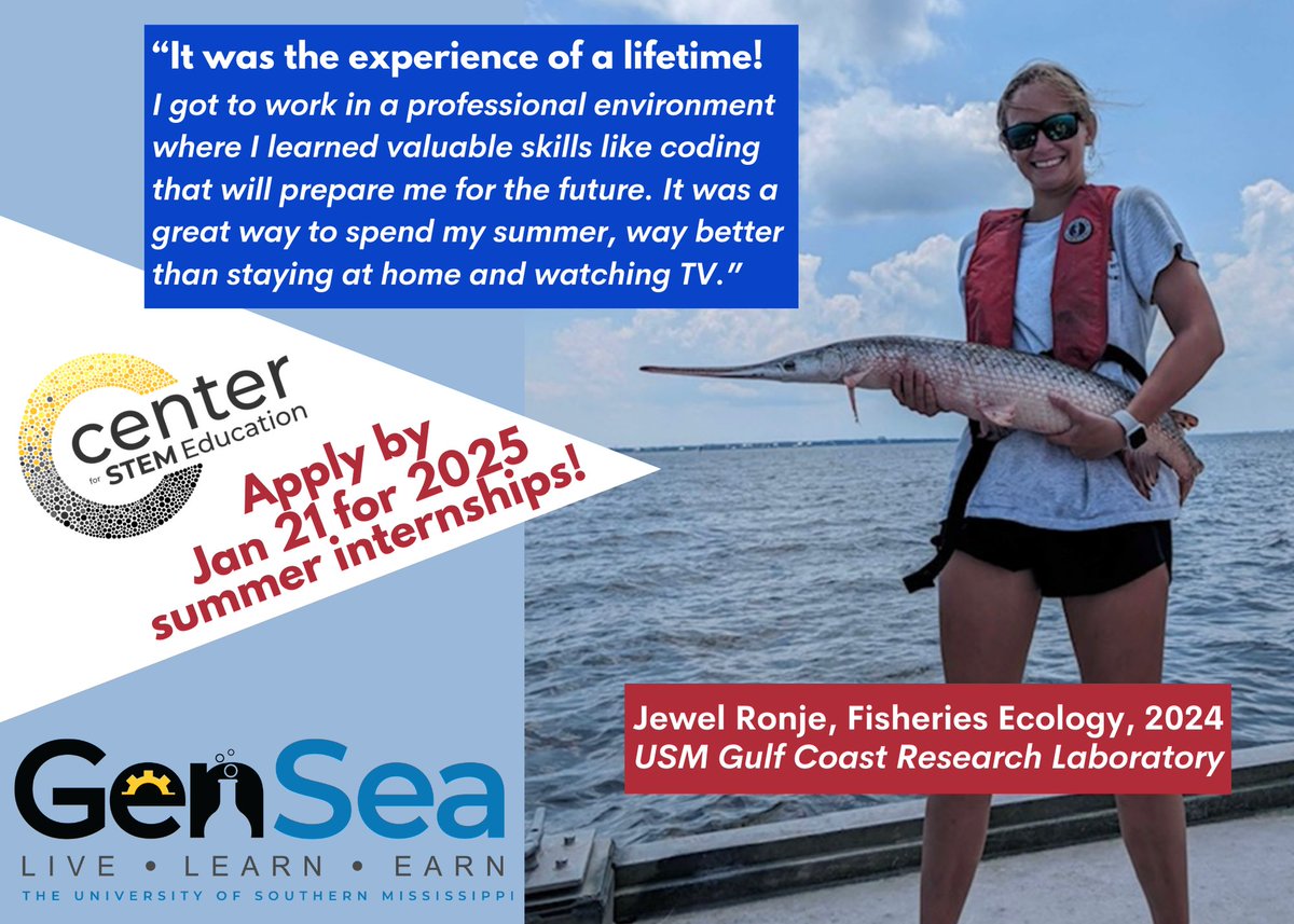 usmSTEMed's tweet photo. High school students 16+ apply by 1/21 for 4-6-week paid summer internships at #BlueEconomy worksites like @Wormy_Sturgeon Fisheries Ecology lab at GCRL. WARNING: Participants might get wet! Learn more: https://t.co/goSoJ4ZmCx.
#GenSea #STEMjobs #Internships #Mississippi #WetJobs https://t.co/F39Nr37b0a