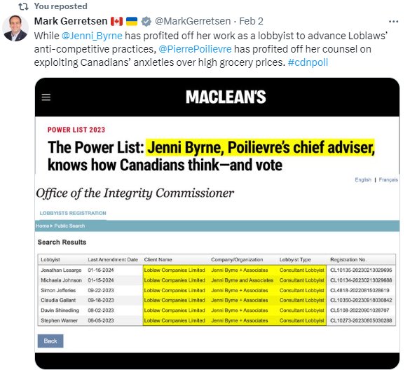Who might be behind these Boutique clinics, <a href="/DrVivianS/">Dr.VivianS</a>? 
Galen Weston Jr., of Loblaws/Shoppers group of companies contracts Jenni Byrne, Poilievre’s Chief Advisor, as his lobbyist. Byrne’s lobby’s at the Prov level, where health care is purposely “broken”
x.com/tdotresident/s…