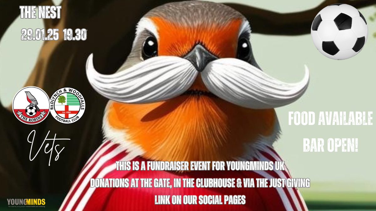 DowntonFC's tweet photo. Our second fundraising match for your diaries with the proceeds going to @YoungMindsUK. The match takes place on Wednesday 29th January, 7.30pm kick off at The Nest.  Downton Vets v @AndRedlynch Vets.  There’s life in the old gents yet!! 

The bar will be open and food available so break up the longest month of the year with a midweek football fix 👌

Up The Robins! 

Here is the link to our just giving page https://t.co/G1RfdlXbfw