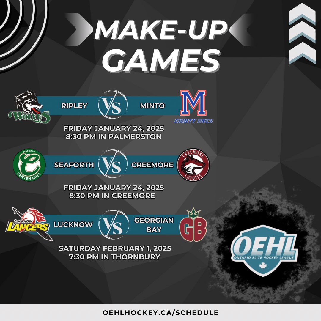 Make-up dates announced:

Friday January 24th - 8:30pm
Ripley Wolves at Minto 81's
Seaforth Centenaires at Creemore Coyotes

Saturday February 1st - 7:30pm
Lucknow Lancers at Georgian Bay Applekings