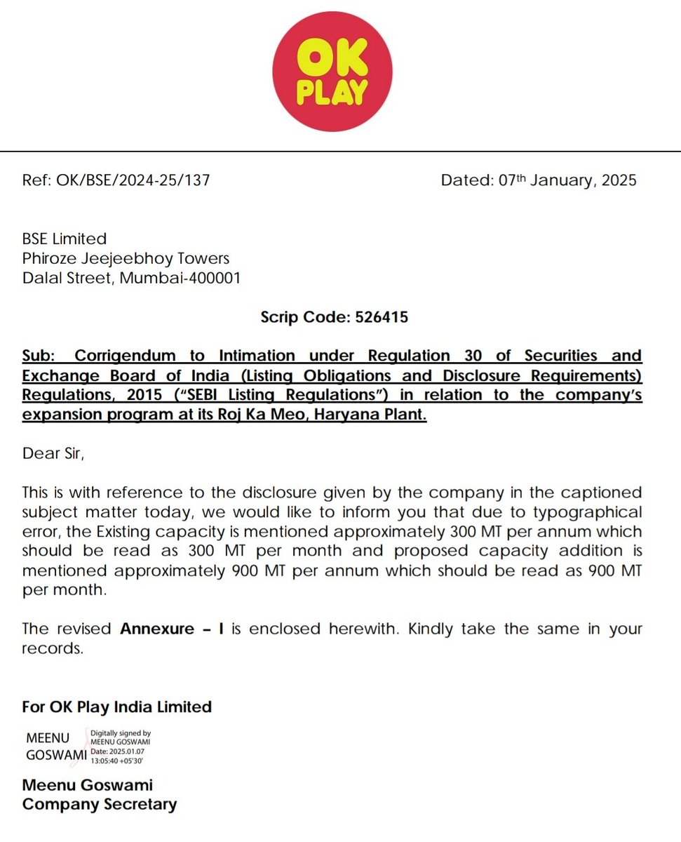 stockmarket8058's tweet photo. #OKPLAY
📌OK PLAY INDIA📌
📢BIG ANNOUNCEMENT 📢
🚨Capacity Expansion⏫ :- 900 MT Per month🚨🚨🚨🚨 from 300 MT per month .
🔥Capicity Expansion 3×⏫⏫⏫
🔥Generate good Revenue 🔥
👇Shareholding pattern 👇
Promoter:-50.35%⏫(increasing)
DIIs:- 0.6%⏫
Goverment:-6.23%⏫ https://t.co/RKlblwYuZa