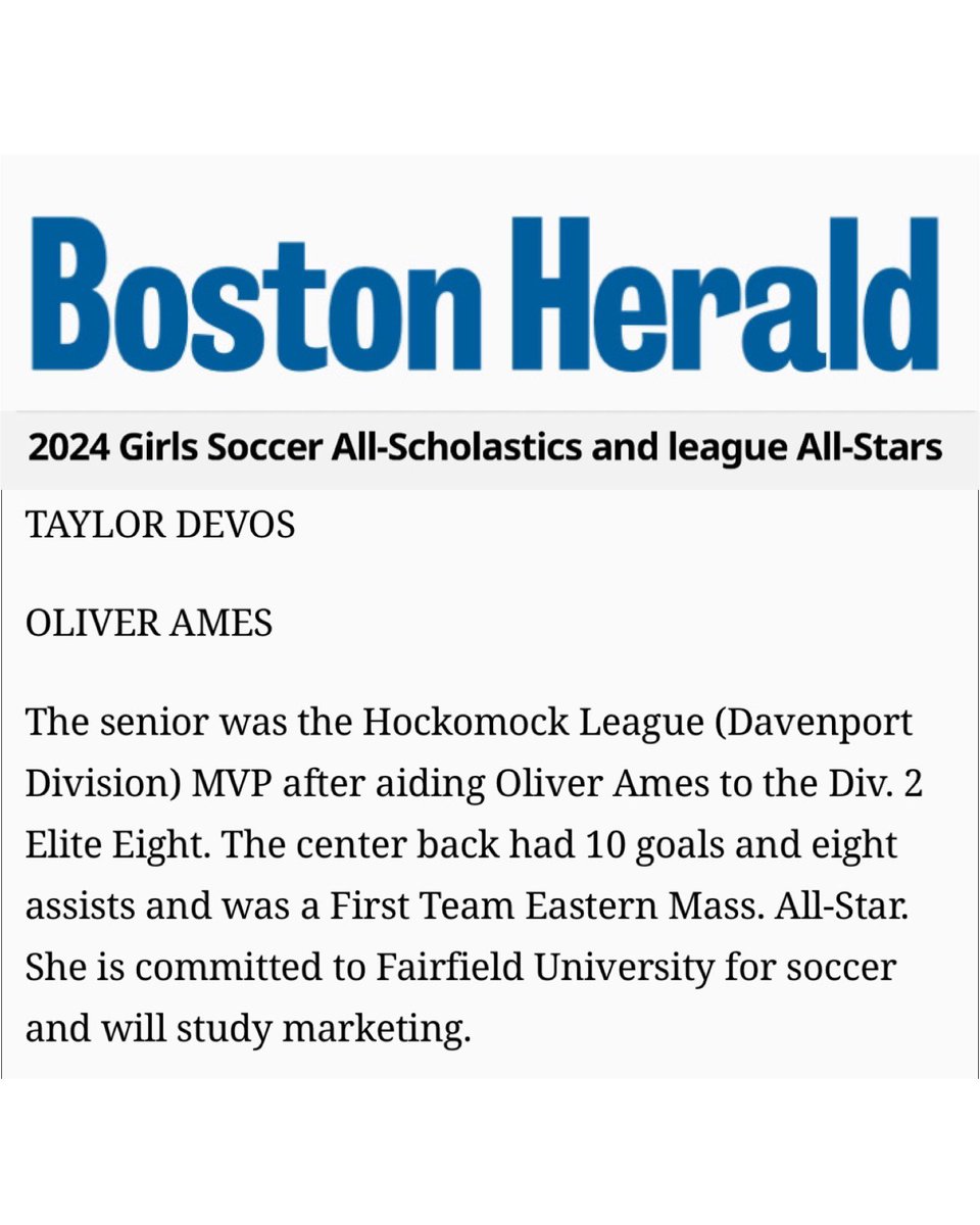 Congratulations Taylor for being named Boston Herald Girls Soccer All-Scholastic!!!