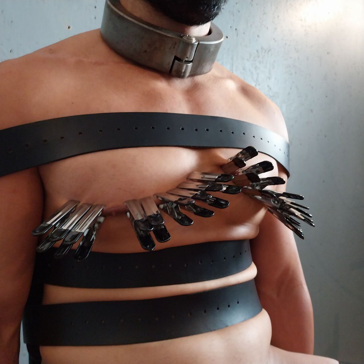 SubZayd1's tweet photo. Heavy steel collared 
Strapped down
Clamped 
Thank you for keeping me in place Sir

#bdsm
#bondage
#sub
#slave
#master https://t.co/vLRpiOFJRL