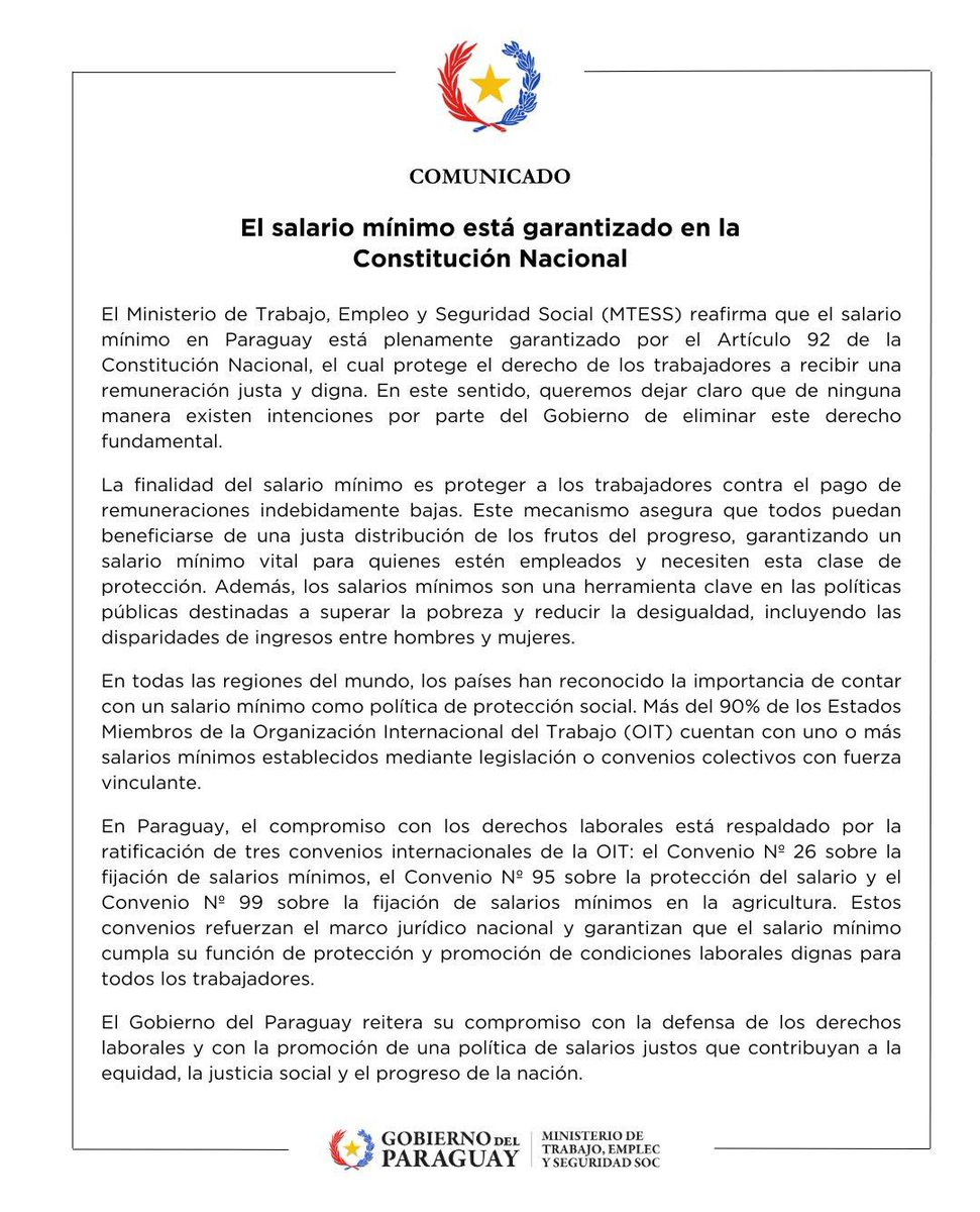 MTESS_PY's tweet photo. #SalarioMínimo | 📌 Comunicado Oficial: No existe ninguna intención del #GobiernoDelParaguay de eliminar el salario mínimo protegido por la Constitución Nacional. https://t.co/Uvq5bhDBbm