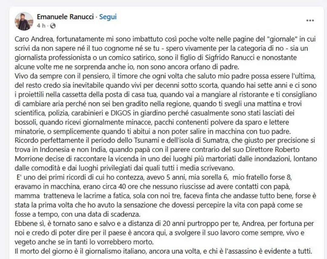 GarbaSte's tweet image. La dignità con cui risponde il figlio di #Ranucci al #Foglio e al suo giornalista #Mercenaro che senza vergogna si rammaricano xchè un collega nn è morto

"Il morto del giorno è il giornalismo italiano, ancora una volta, e chi è l'assassino è evidente a tutti"
#reportrai3 #REPORT