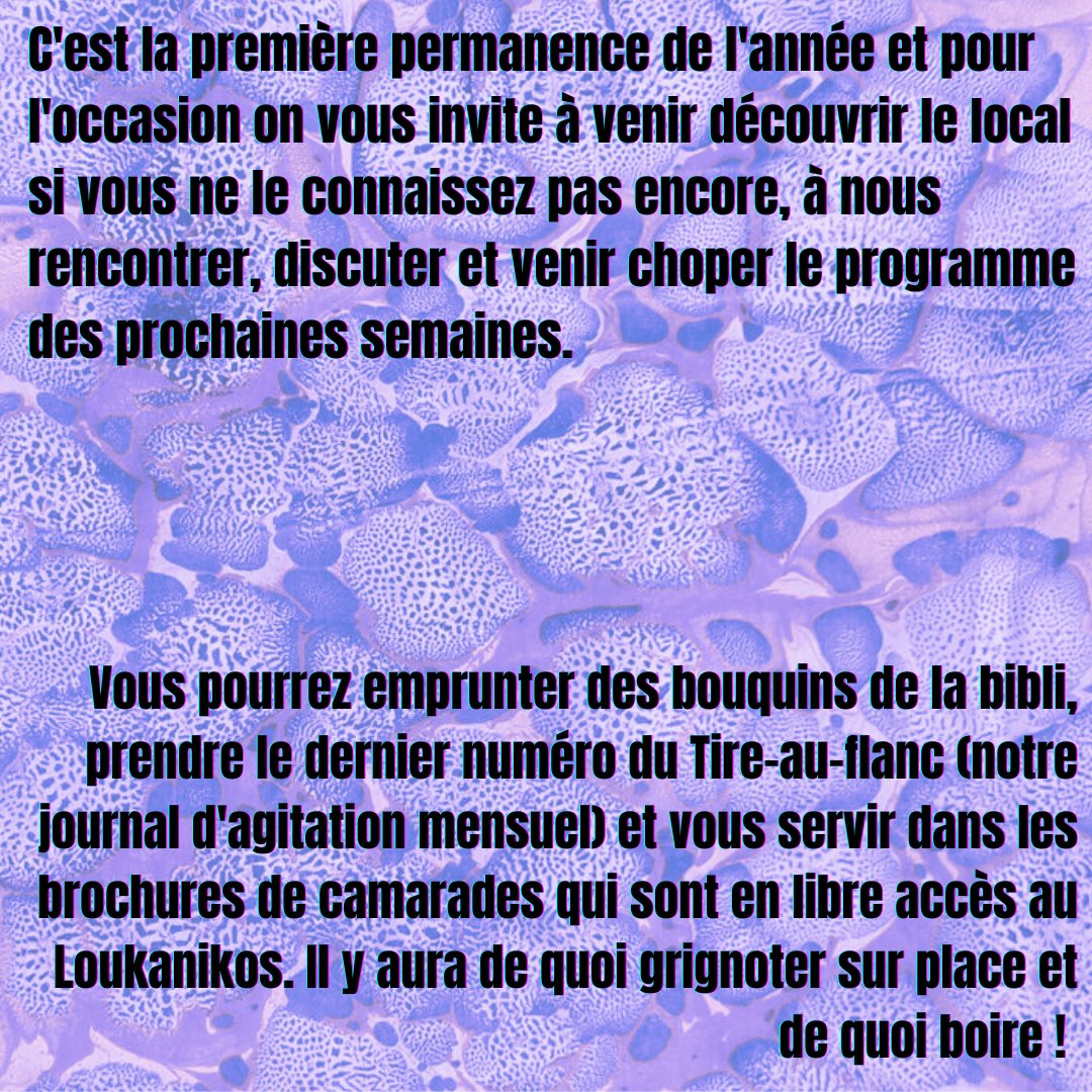 LoukanikosLocal's tweet photo. Réouverture du Loukanikos ce vendredi à 18h ! 

C'est la première permanence de l'année et pour l'occasion on vous invite à venir découvrir le local, discuter, emprunter des bouquins de la bibli, choper le dernier numéro du Tire-au-flanc et les brochures des camarades ! https://t.co/fJC7EUT4Rp