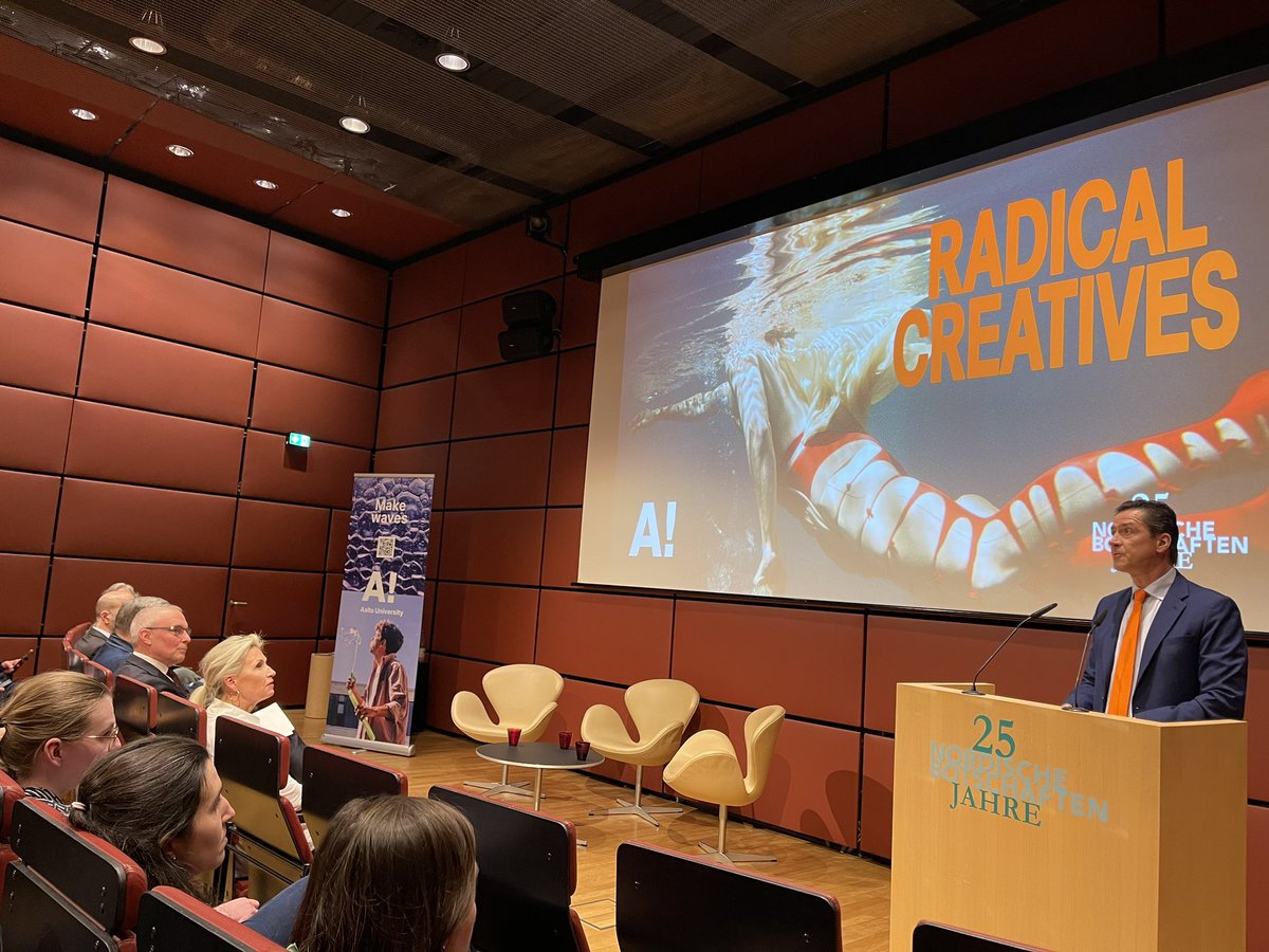 Ambassador <a href="/sauerka/">Kai Sauer</a> at the finissage of our Nordic exhibition on the topic of radical creativity: The Nordics have a long tradition of social innovations. Some examples from Finland: universal suffrage for all as the first in the world, school meals and the #maternitypackage 💪