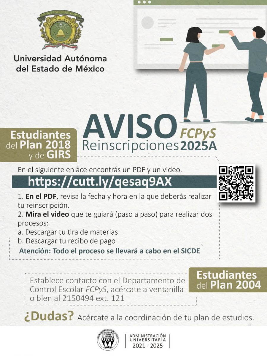 Les compartimos las fechas y horario de acuerdo a su matricula, para su re inscripción al periodo 2025-A. Consulten el siguiente link: 👇
cutt.ly/qesaq9AX
#HagamosComunidad #SomosUAEMéx
