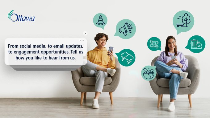 Two people sitting on armchairs looking at their phones. Text says: From social media, to email updates, to engagement opportunities, tell us how you like to hear from us.