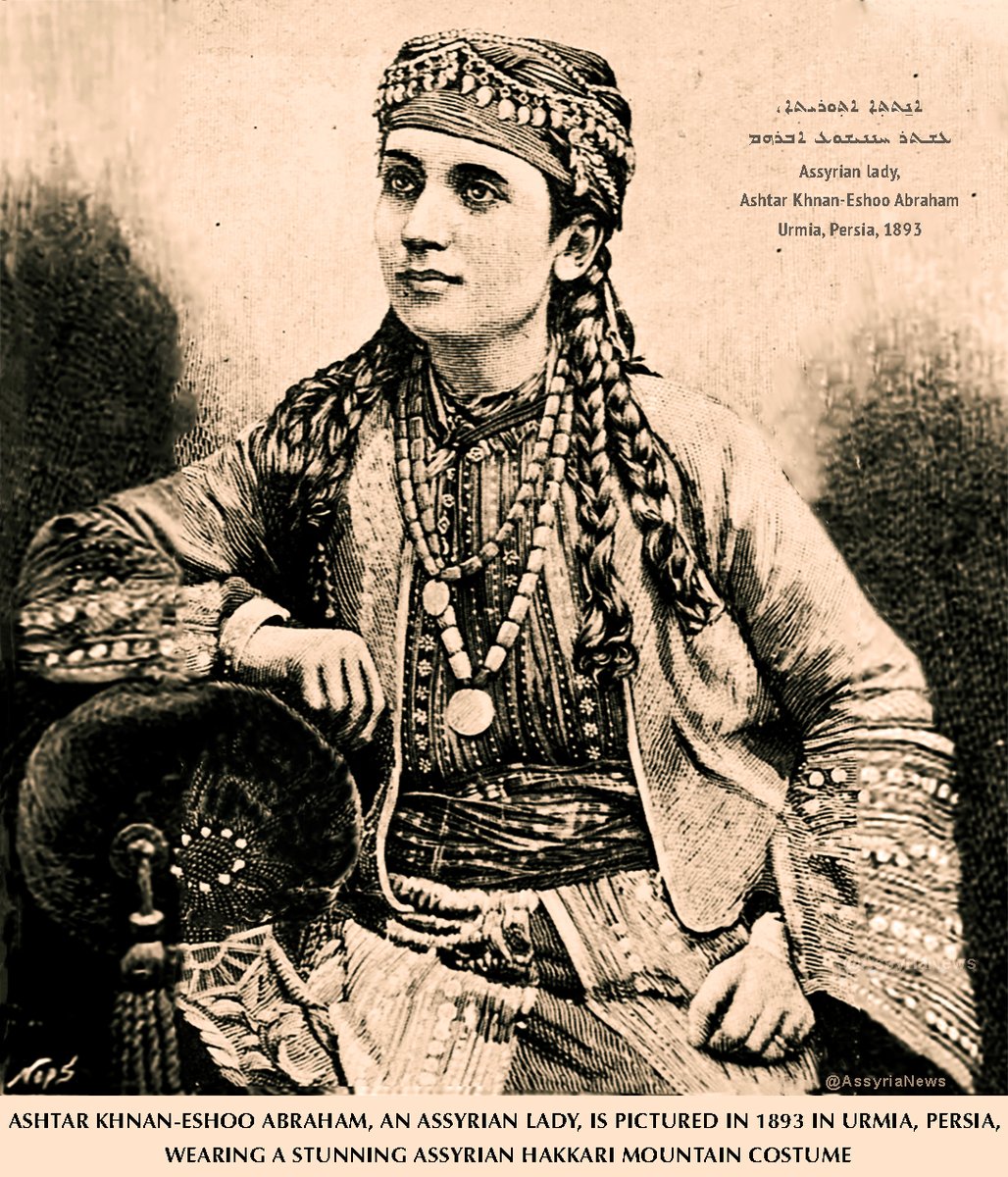 TodayAssyria's tweet image. Ashtar Khnan-Eshoo Abraham, an Assyrian lady, is pictured in 1893 in Urmia, Persia, wearing a stunning Assyrian Hakkari mountain costume.

#Assyrianlady #Assyrian #Urmia #Hakkari #AssyrianCostume  #Assyrianwoman