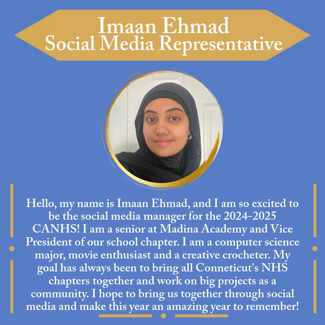 Introducing our Social Media Representative for the 2024-2025 CANHS, Imaan Ehmad!