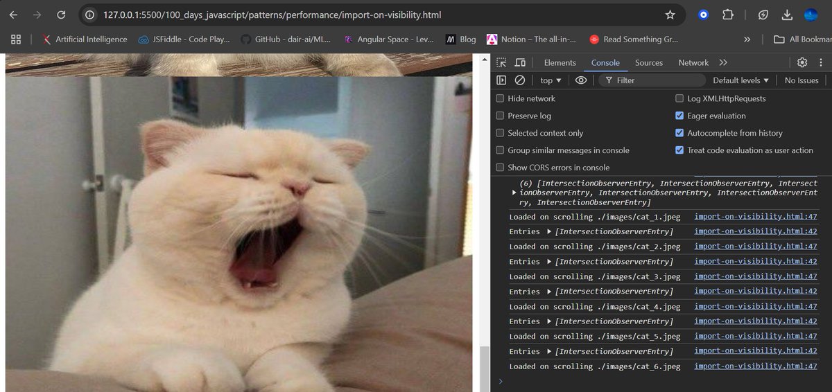 PraneethaG4's tweet image. 🚀 Day 90 of #100DaysOfJavaScript
Learnt: Performance Patterns
- Import on Interacting - Lazy Loading components/libraries on user interactions
- Import on Visibility - Lazy Loading images on scroll using IntersectionObserver API
Excited to dive into Prefetch and Preload next!