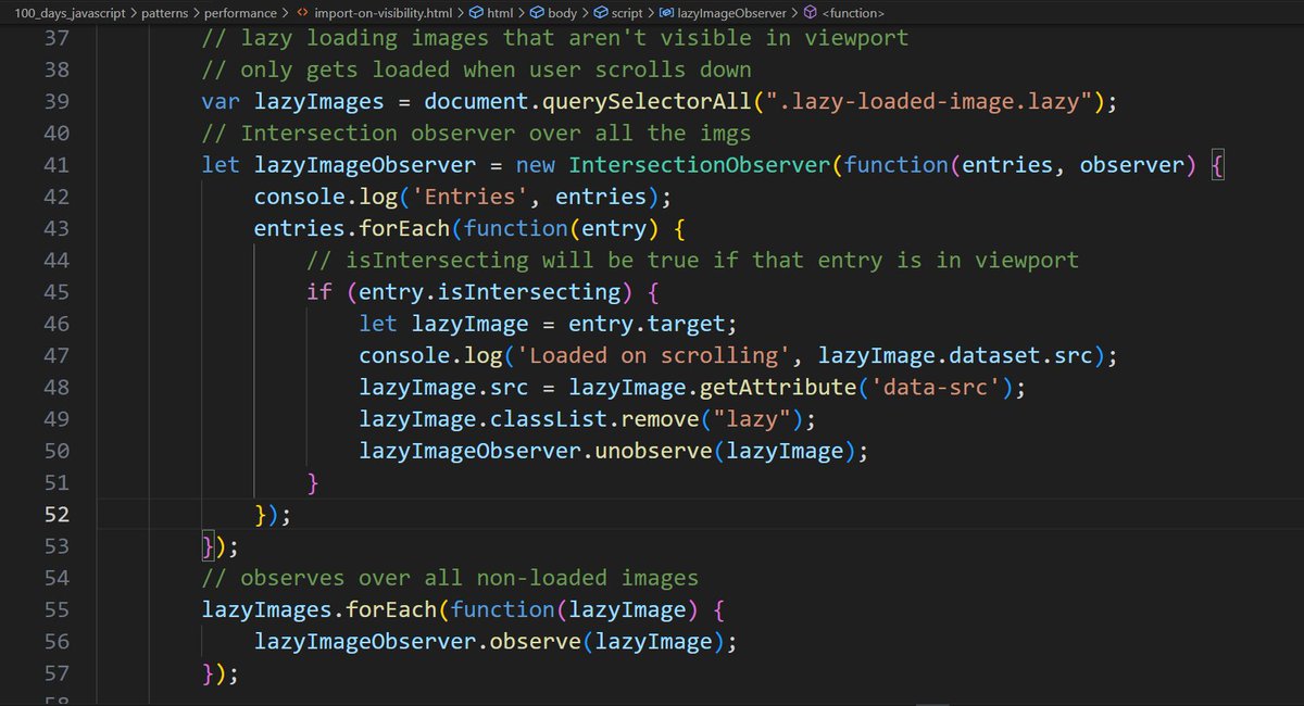 PraneethaG4's tweet image. 🚀 Day 90 of #100DaysOfJavaScript
Learnt: Performance Patterns
- Import on Interacting - Lazy Loading components/libraries on user interactions
- Import on Visibility - Lazy Loading images on scroll using IntersectionObserver API
Excited to dive into Prefetch and Preload next!