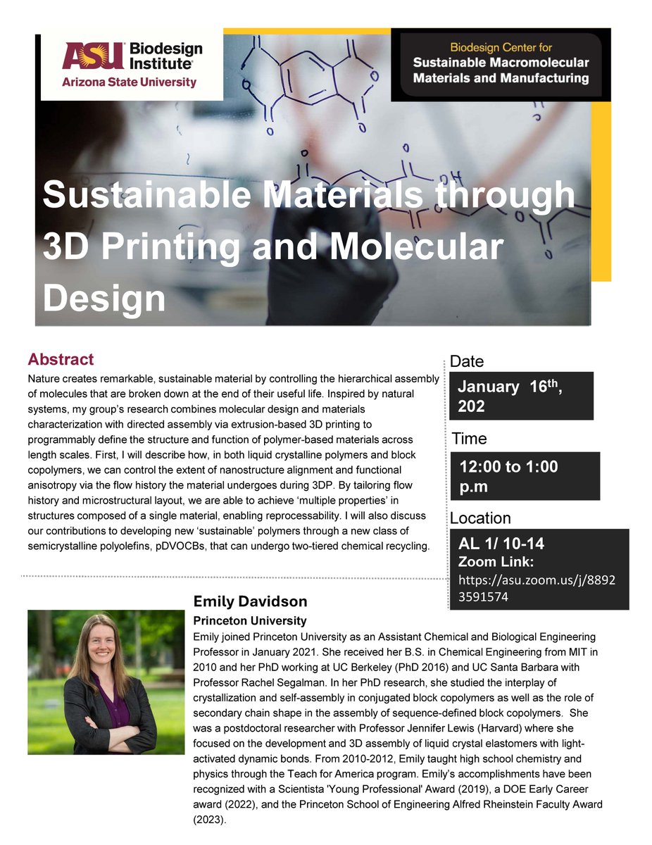 Join us this Thursday for our first seminar of Spring 2025! We are honored to welcome Dr. Emily Davidson from <a href="/EPrinceton/">Princeton Engineering</a>. Dr. Davidson will be discussing “Sustainable Materials through 3D Printing and Molecular Design". Thanks to <a href="/syensqo/">Syensqo</a> for supporting this event!