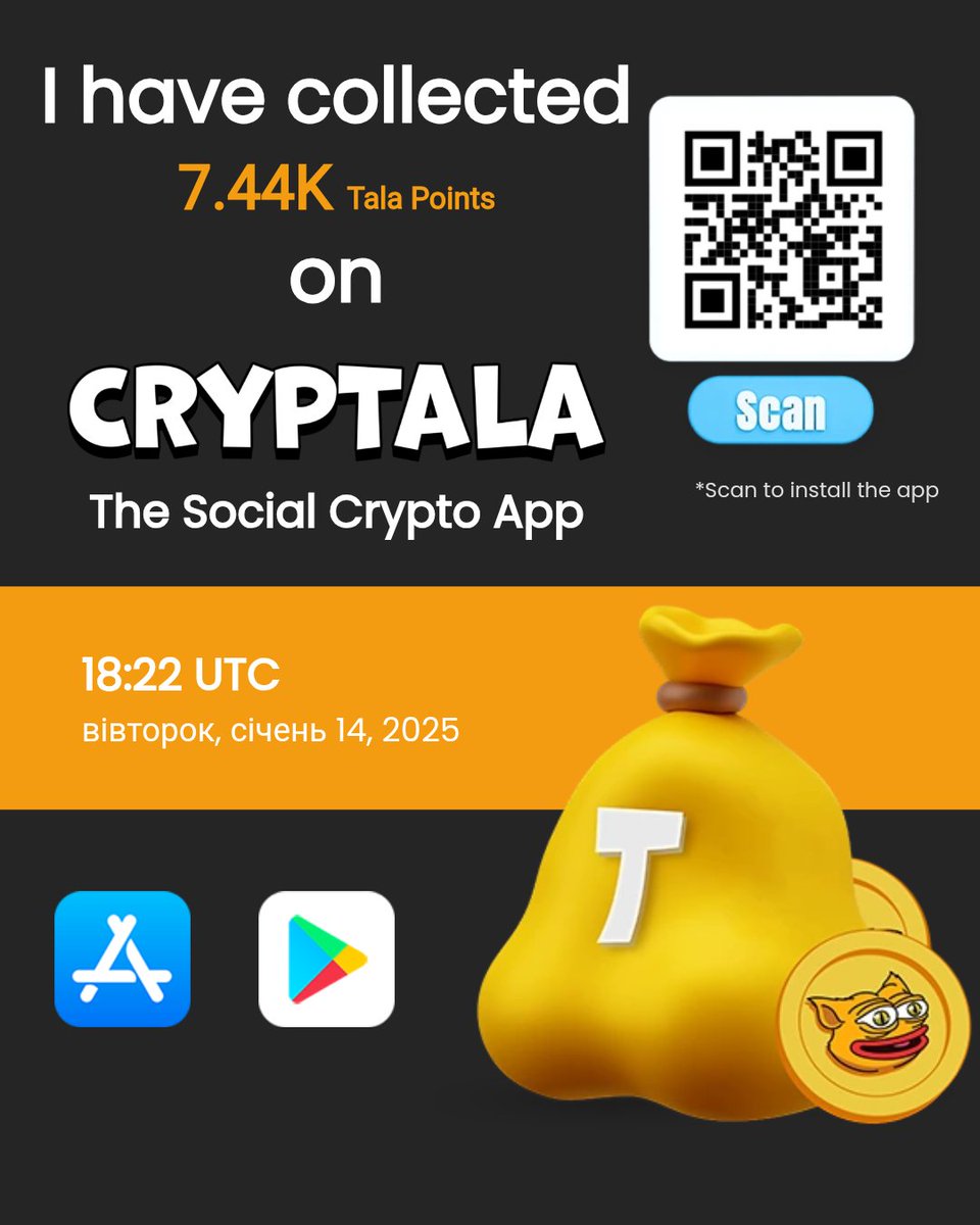 I've collected 7.44K #Tala Points on this month from #cryptala app. Install now at cryptala.app
And activate your Cryptala wallet using invitation code: 3Dhnqr 🌟

#crypto #nft #SocialFi #earncrypto #Bullish #Solana #btc #CryptoNews
