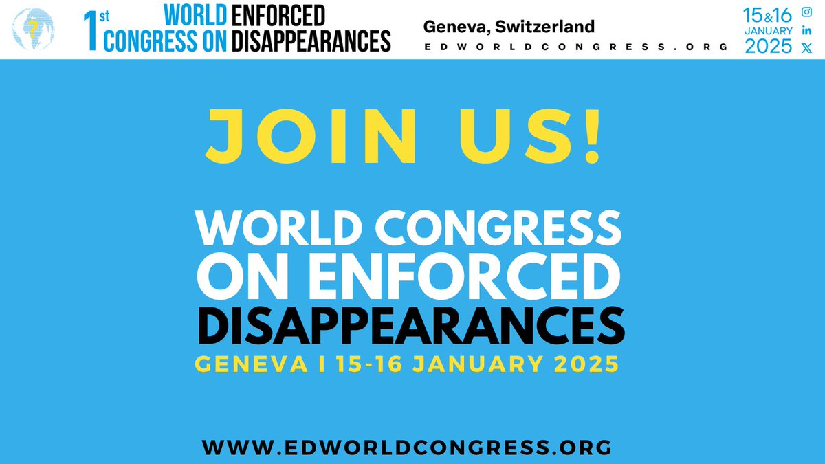 The first World Congress on #EnforcedDisappearances will take place in Geneva on 15 &amp; 16 January. The State of Geneva is proud to support this event, which underscores the importance of #multilateralism and #cooperation in decision-making processes.

➡️ tinyurl.com/366dhrmf