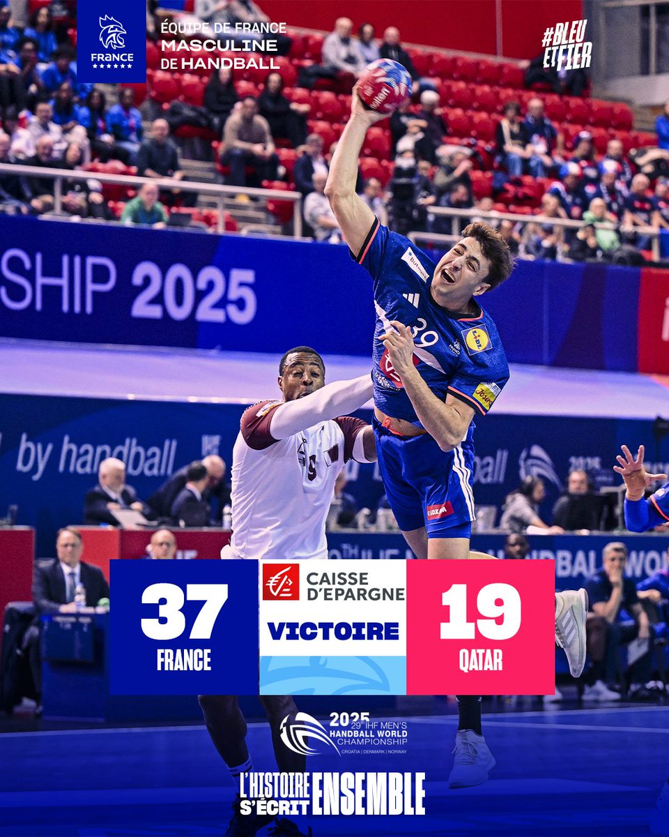 FRAHandball's tweet photo. VICTOIRE ! 🇫🇷37-19🇶🇦
Une très belle entrée en matière pour nos BLEUS qui disposent assez aisément du Qatar ! 💪💯
#BleuetFier https://t.co/deY5KoY0kk
