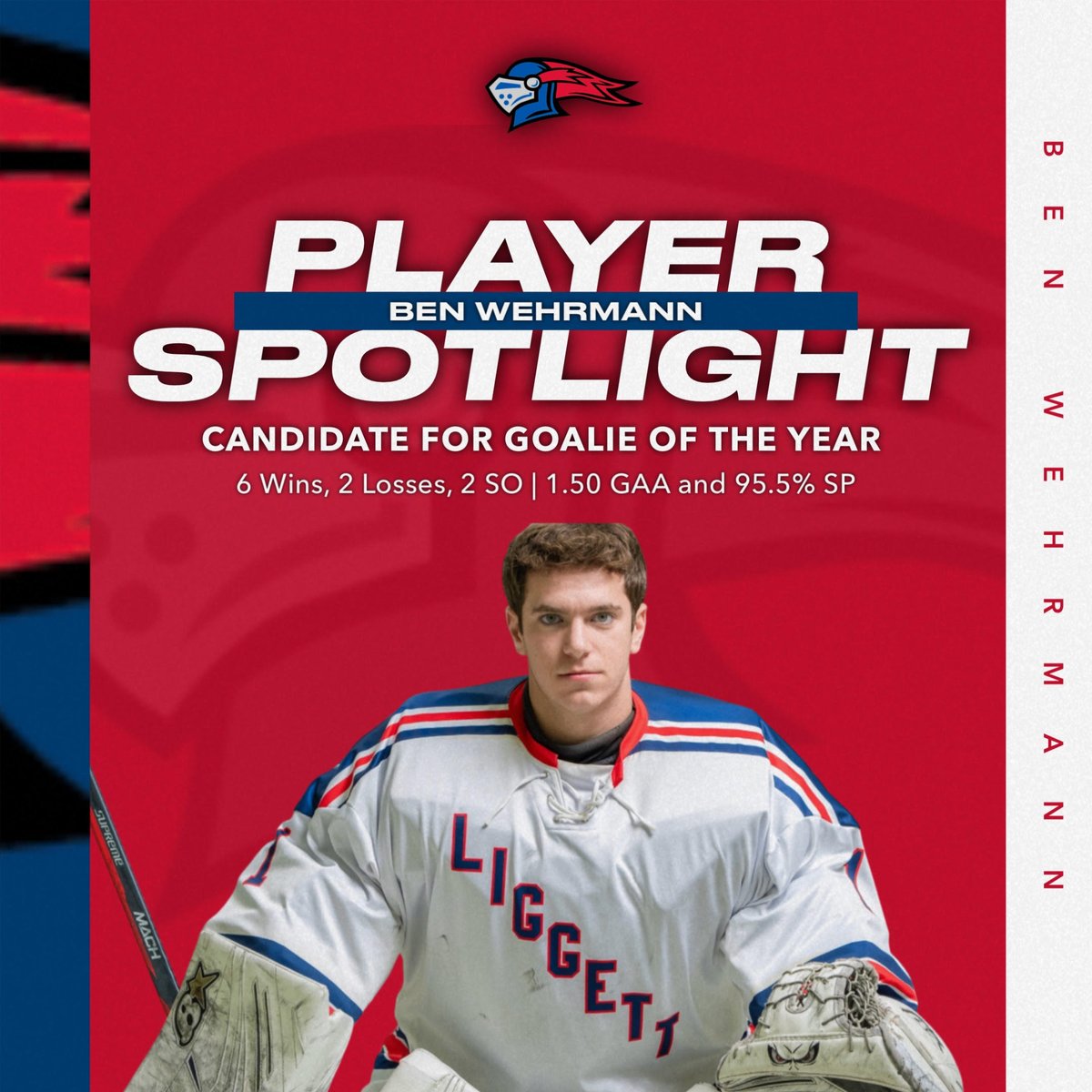 LiggettSports's tweet photo. Congrats to Senior Goalie, Ben Wehrmann, on being officially named a candidate for State Champs Goalie of the Year! Ben has 6 wins, 2 losses, and 2 shutouts thus far with a 95.5% save percentage with an average of 1.5 goals against. #GoKnights #GoBen
@statechampsmich @chsl1926 https://t.co/6KhW93AMdn