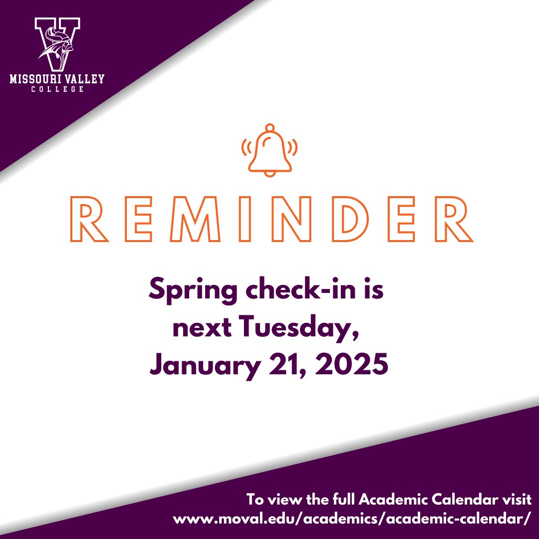 missourivalley's tweet image. 🚨REMINDER 🚨

Hey Vikings, just a reminder, spring check-in is a week away.  🧡💜

Check-in for new students will be in the Malcolm Center gym from 9:00am - 2:00pm.

#missourivalleycollege #valleywillroll #springsemester