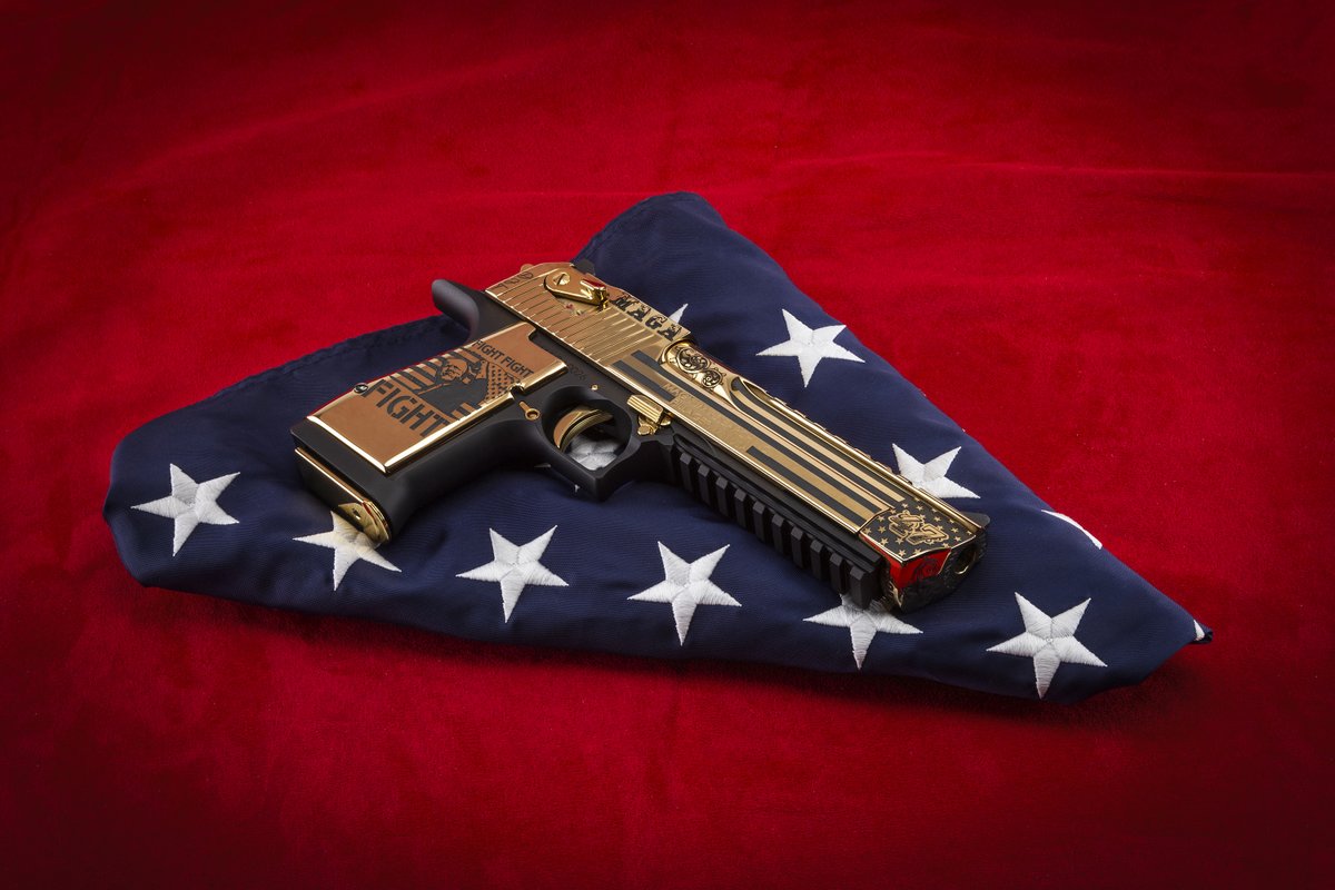 KahrFirearms's tweet photo. FIGHT FIGHT FIGHT! The Brand New MAGA Magnum from @MagnumResearch and @sinnermass commemorates President Trump’s spectacular victory after a tireless fight for America! @GalleryofGuns exclusive with extremely limited production, initial production run of only 100! @SebGorka https://t.co/seSBZKyh0L