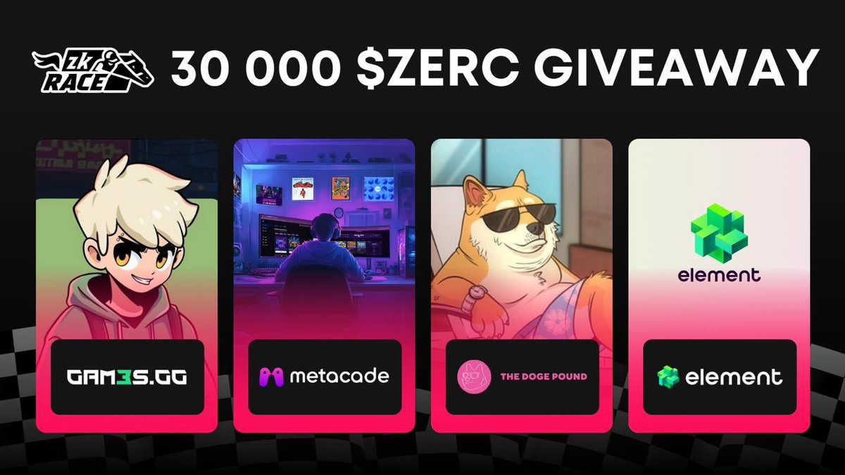 🎉 30,000 $ZERC GIVEAWAY 🎉

This time we're teaming up with our amazing partners
<a href="/GAM3Sgg_/">GAM3S.GG</a>, <a href="/Metacade_/">METACADE</a>, <a href="/TheDogePoundNFT/">Doge Pound 🐶</a>, &amp; <a href="/Element_Market/">Element NFT Marketplace</a> for this exciting event!

TO WIN:
1️⃣ Follow <a href="/zk_Race/">zkRace</a>, <a href="/GAM3Sgg_/">GAM3S.GG</a>, <a href="/Metacade_/">METACADE</a>, <a href="/TheDogePoundNFT/">Doge Pound 🐶</a> &amp; <a href="/Element_Market/">Element NFT Marketplace</a>
2️⃣ Like &amp; Retweet
3️⃣ Tag 3