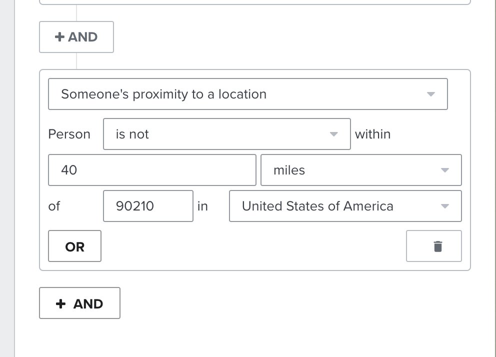 Klaviyo users who want to suppress marketing messages to people in southern California can add a filter like this to their flows: