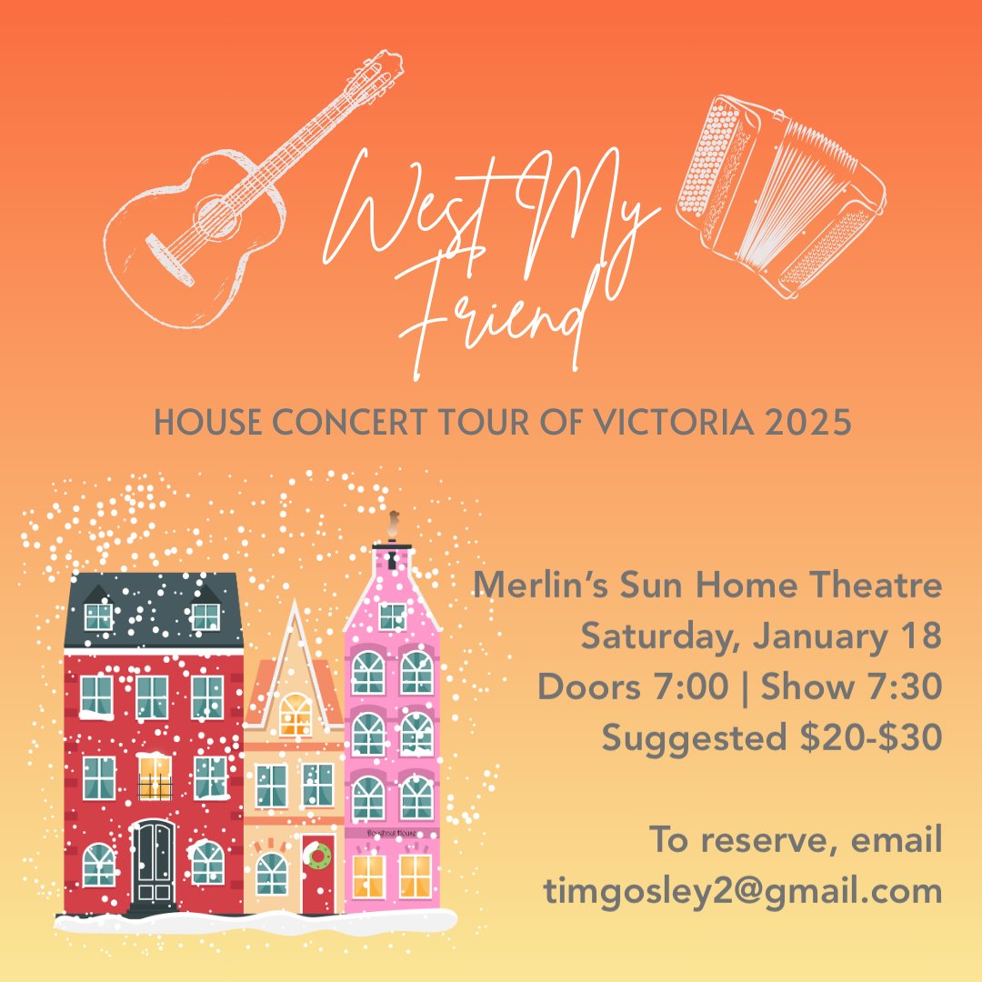 West My Friend (@westmyfriend) on Twitter photo The house concert tour of Victoria starts this Saturday at Merlin’s Sun Home Theatre! This is one of the coolest venues in Victoria - a miniature theatre right inside the Fairfield home of Fraggle Rock puppeteer Tim Gosley! Email timgosley2@gmail.com to reserve your spot today. The house concert tour of Victoria starts this Saturday at Merlin’s Sun Home Theatre! This is one of the coolest venues in Victoria - a miniature theatre right inside the Fairfield home of Fraggle Rock puppeteer Tim Gosley! Email timgosley2@gmail.com to reserve your spot today.