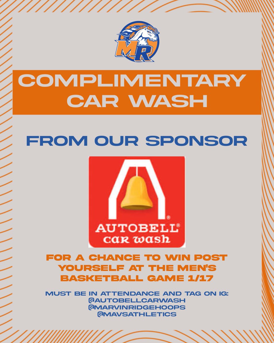 Support the Mavs this Friday, 1/17 in our HOME game vs Charlotte Catholic for a chance to win a free autobell car wash!!!

For a chance to win….
- Attend the game
- Take pic of yourself at the game
- Tag @autobellcarwash @marvinridgehoops @mavsathletics 

Going to be a fun one!