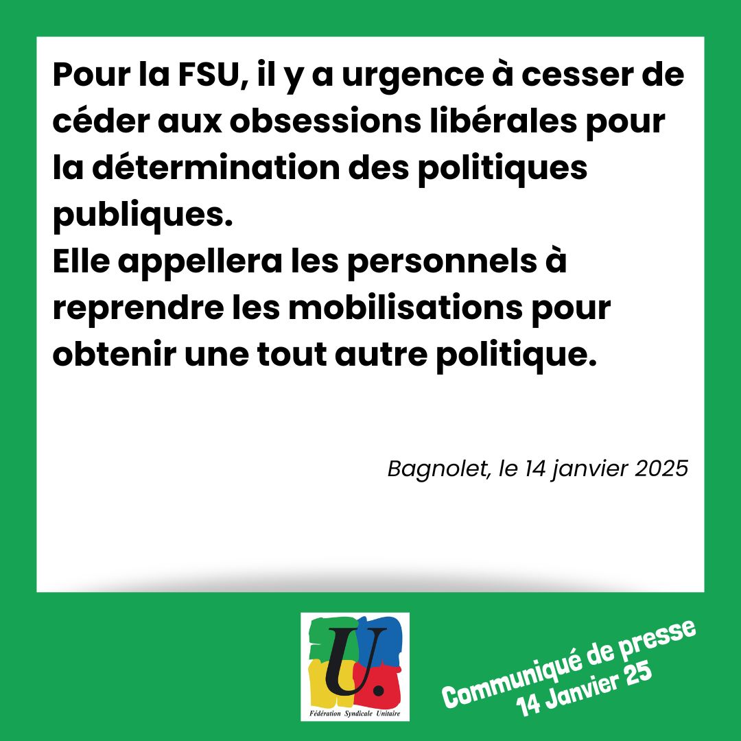 🚨Déclaration de Politique Générale de #FrancoisBayrou 🚨
💢Retraites ==&gt; pas d'abrogation de la réforme de 2023 
💢 Budget ==&gt; rien sur les suppressions de postes envisagées
La @FSU se battra pour obtenir une autre politique ✊👊
#Retraites #UnAutreBudgetEstPossible