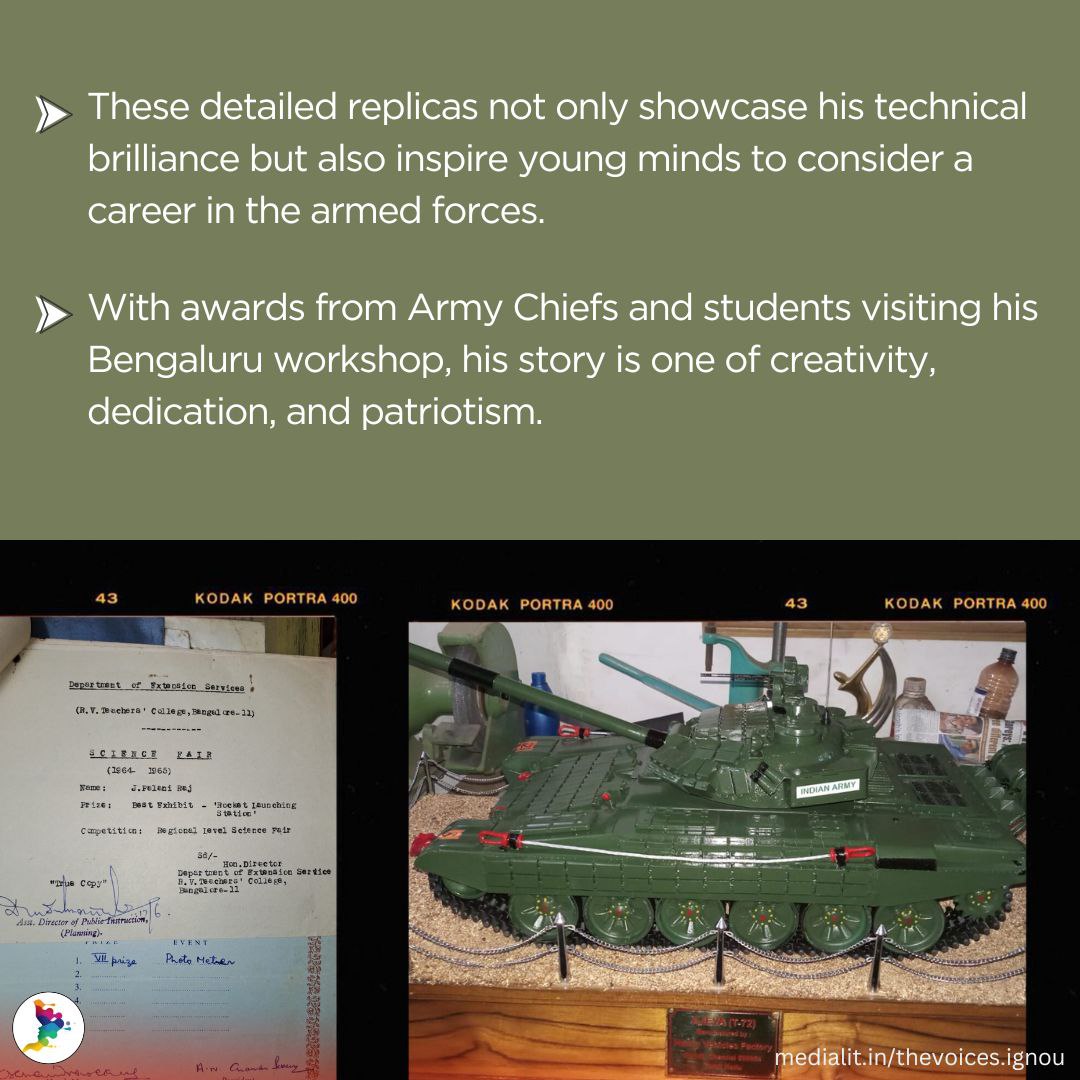 TheVoices_IGNOU's tweet photo. From state-level awards in school to Army Chief recognition, Lt Col Palani’s journey in miniature model-making is a story of passion and precision #veteranlife 
Read Full Story @ https://t.co/qp4Sn1fd2B

Caption Written By: Shivam Ranjan
Social Media Creative By: Khushi Chaudhary https://t.co/SZWwQXRRVm