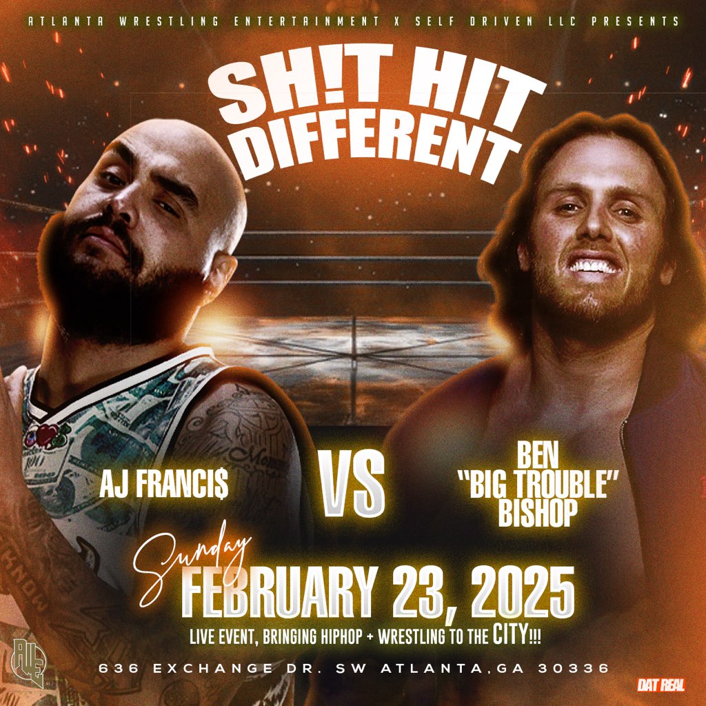ATLWrestling's tweet photo. We've added some time to the First Access sale for Sh!t Hit Different 

Go pick your seat and pay a flat $15 to witness
the Hip Hop &amp; Wrestling collab that Atlanta needs.

It's @AJFrancis410 vs @bigtroubleBB

@CarlieBravo in action and more

https://t.co/Q3luLgduac https://t.co/lruE3lYDL3