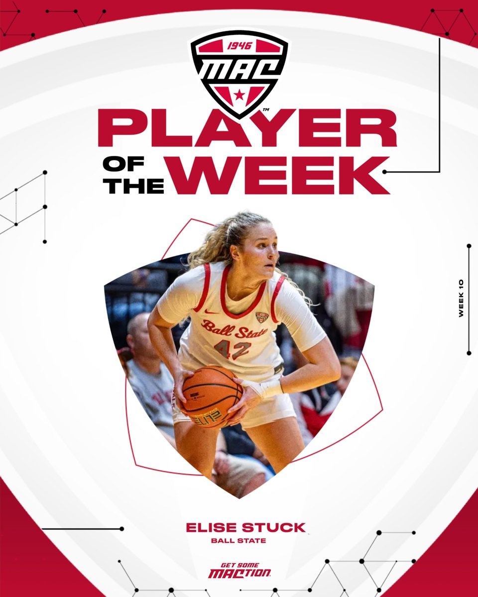 MACSports's tweet photo. 🏀 WBB Player of the Week 🏀 

@elisestuck averaged 18.5 points per game, shot 72 (13-of-18) percent from the field while averaging 9.0 rebounds per contest in Ball State's 2-0 week. 

Stuck opened the week with a 17-point performance in a win over Eastern Michigan before leading the Cardinals with a 20-point performance while also pulling down a career best 15 rebounds for her first double-double of the season. 

@BallStateWBB | #MACtion
