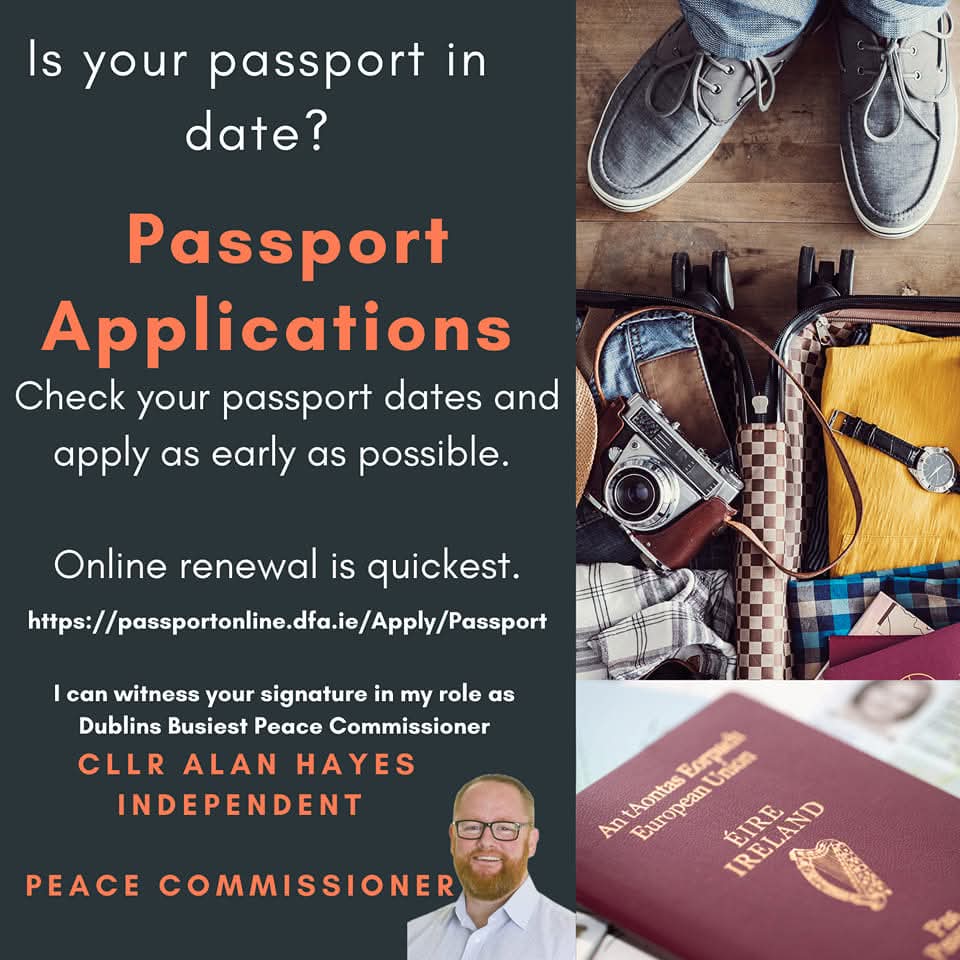 AlanHayesDublin's tweet photo. Since 2020 I've been a #PeaceCommissioner encouraging ppl to get passport applications processed early. Last year, the night before holiday, I realised one of the kids passports was out of date.
Don't make the mistake of presuming it's ok, check them all and get in early. https://t.co/8Wv0M8B6nB