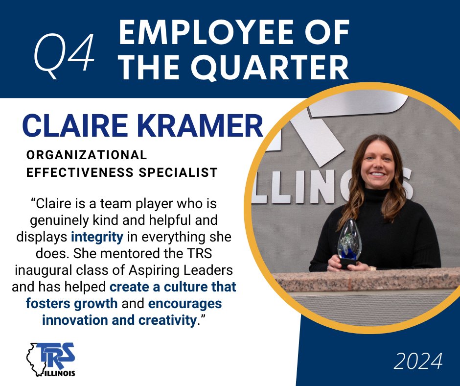 Join us in celebrating Claire Kramer on receiving the Q4 Employee of the Quarter Award! Claire's dedication to continuous improvement and accountability helped ensure the success of the first cohort of the Aspiring Leaders Program.

Congratulations Claire! 👏