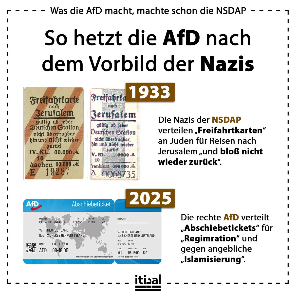 Das „Abschiebeticket“ der AfD knüpft übrigens an den „Freifahrtschein“ der NSDAP an. Die gleiche Botschaft, die gleiche Drohkulisse.

Die AfD verteilte selbsterstellte „Abschiebetickets“. Zahlreiche Bürger mit Migrationshintergrund erhielten den Wahlkampf-Flyer, der mit