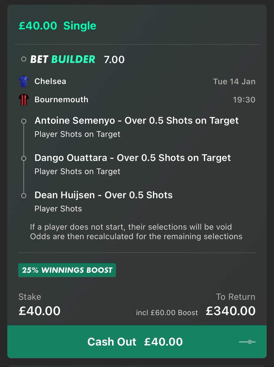 MaccasValueBets's tweet photo. 🔵CHELSEA V BOURNEMOUTH🔴

£40 Returns £340 (8.5 Odds)

🎁 £40 will be given to someone, simple Like the tweet. 

🔁 Bonus entries for RT’s 

✅ Must be following @MaccasValueBets So I can DM you.

Huijsen averaging 0.76 shots per 90, Semenyo 1.15 SOT P/90 and Outtara 0.94 SOT per 90.

Chance Outtara is playing up front. Chelsea may be favs but their defence is poor. It’s likely they go ahead with Bournemouth chasing.