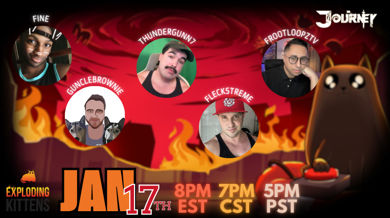This Friday, January 17th, catch Team Journey playing one of our FAVORITES, Exploding Kittens, ON STREAM! Feat. <a href="/ofc_fine/">Fine🫧</a> <a href="/GuncleBrownie/">GuncleBrownie</a> <a href="/thundergunn7/">Thunder 🔜TBRU</a> <a href="/fleckstreme/">Fleckstreme</a> @frootloopztv