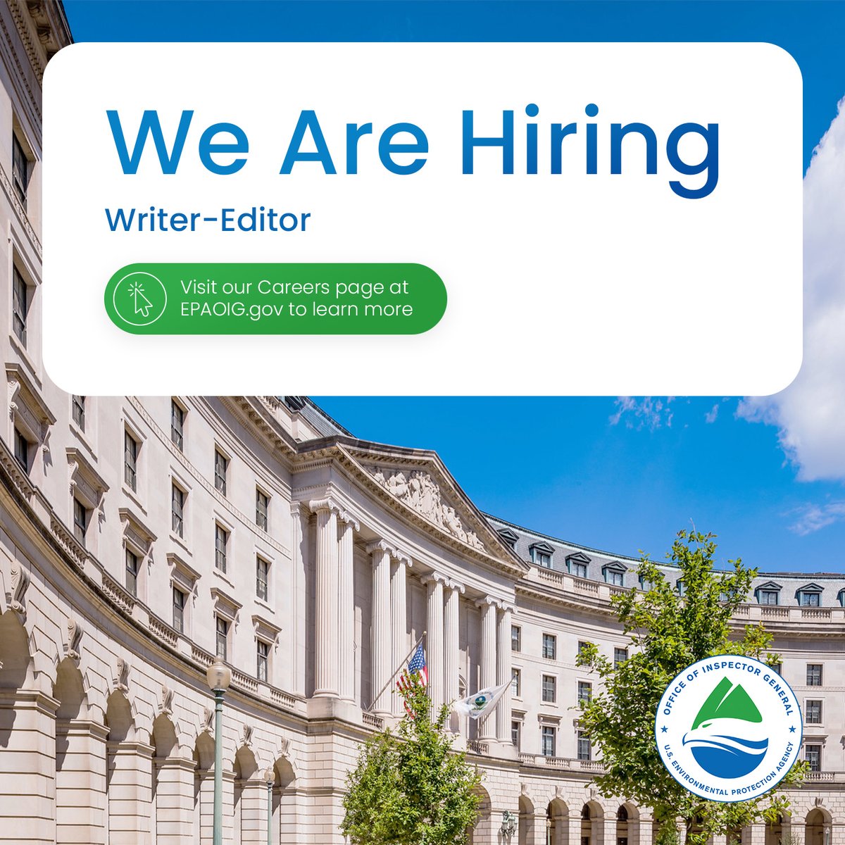EPAoig's tweet photo. We are hiring a Writer-Editor! Learn more and apply before January 21: https://t.co/iCOFFoEZEA #Hiring #ApplyNow #EPA #EPAOIG #Writer #Editor https://t.co/HRYtYwe9ml
