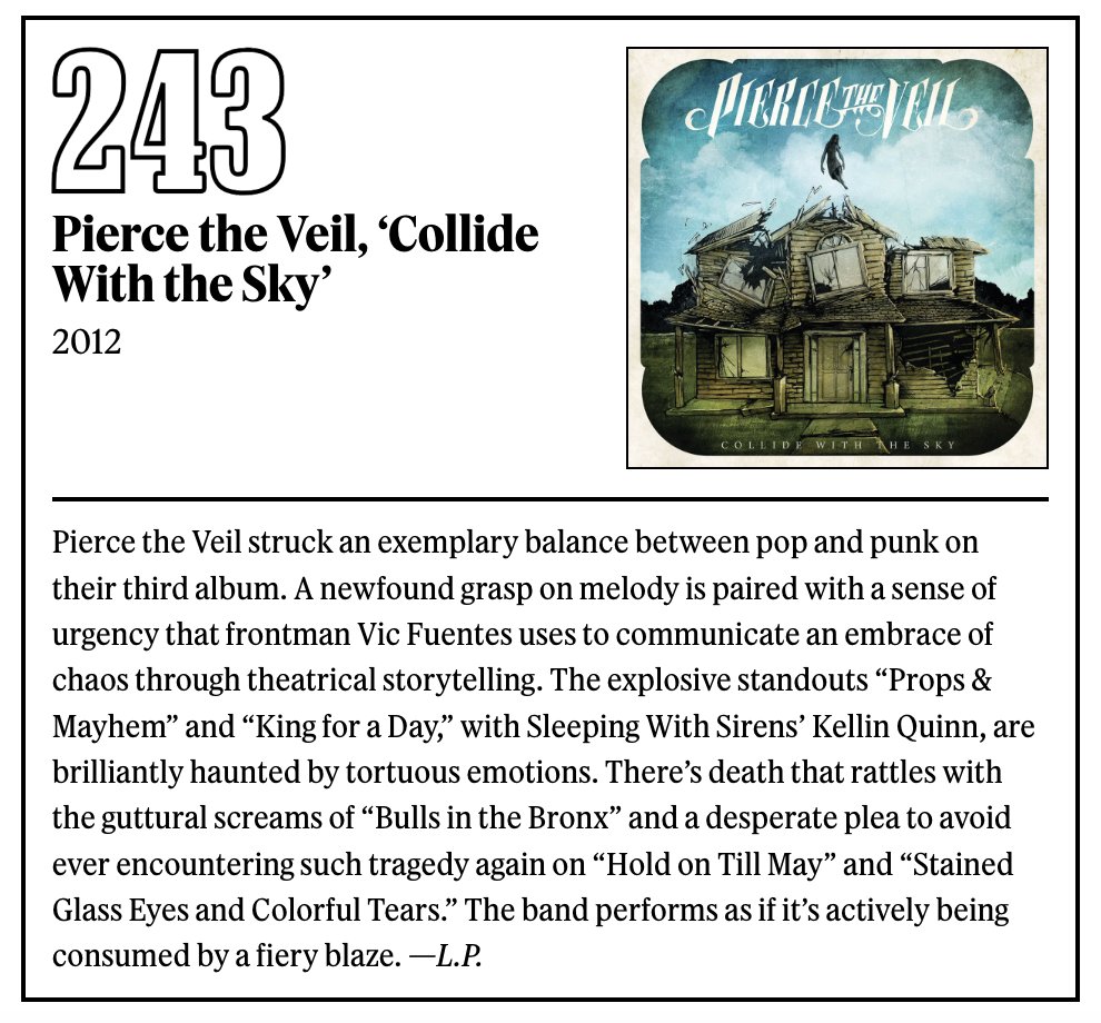 Pierce The Veil (@piercetheveil) on Twitter photo Thanks to <a href="/RollingStone/">Rolling Stone</a> for acknowledging Collide With The Sky as one of the greatest albums of the 21st century so far. rollingstone.com/music/music-li… Thanks to <a href="/RollingStone/">Rolling Stone</a> for acknowledging Collide With The Sky as one of the greatest albums of the 21st century so far. rollingstone.com/music/music-li…