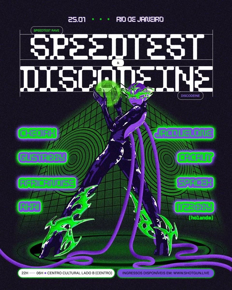 ☆ <a href="/SPEEDTESTRAVE/">SPEEDTEST RAVE</a> x @THEDISCODEINE. 
25 DE JANEIRO — CENTRO, RJ.

🎫 Garanta seu ingresso: shotgun.live/pt-br/events/s…