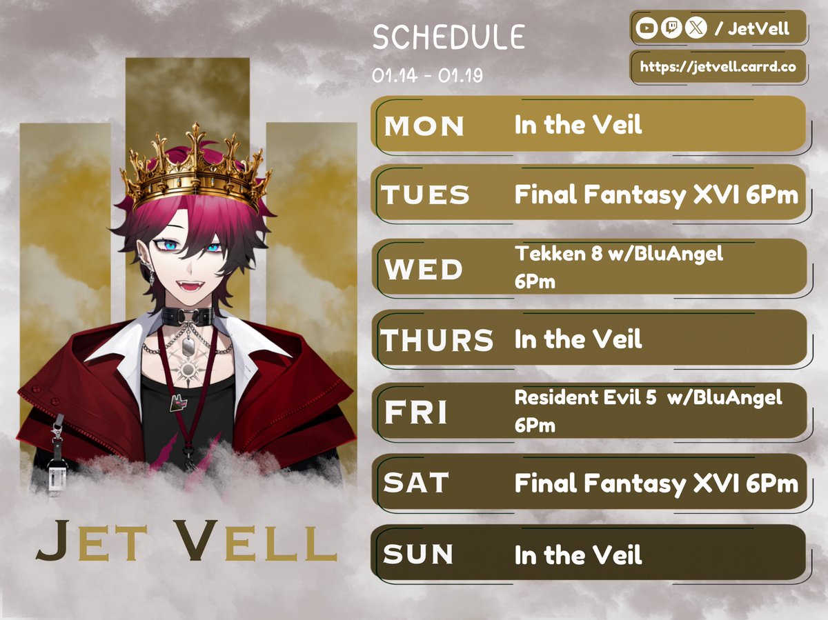JetVeil's tweet photo. I am working on updating my socials and assets!👑

I Stream✨, I'm working on getting back into long form YouTube content🌟 and posting Shorts!👺
Come visit my socials https://t.co/f5RHsYWNyQ   

I love talking with new people! pop on stream an say hi! Schedule Below! 💜 https://t.co/FjLsfTbmG1