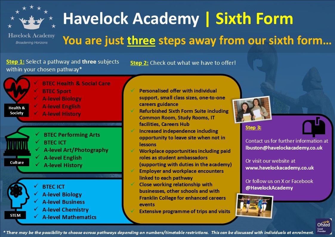 Havelock Academy (@havelockacademy) on Twitter photo If you are in Year 11, you are just THREE steps away from our sixth form. Find out more by visiting our dedicated webpage buff.ly/40jCFNQ or emailing us at lbuston@havelockacademy.co.uk. If you are in Year 11, you are just THREE steps away from our sixth form. Find out more by visiting our dedicated webpage buff.ly/40jCFNQ or emailing us at lbuston@havelockacademy.co.uk.