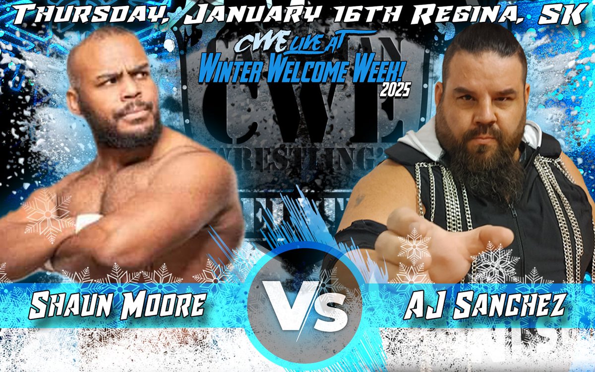CWE Canada (@cwecanada) on Twitter photo Jan 16 <a href="/CWECanada/">Canadian Wrestling's Elite</a> Regina Saskatchewan: Special Attraction Main Event! <a href="/shaun_moore3/">I'm The One. |Shaun Moore|</a> vs. <a href="/CrusherAj/">CrusherAJSanchez</a>! Jan 16 <a href="/CWECanada/">Canadian Wrestling's Elite</a> Regina Saskatchewan: Special Attraction Main Event! <a href="/shaun_moore3/">I'm The One. |Shaun Moore|</a> vs. <a href="/CrusherAj/">CrusherAJSanchez</a>!
