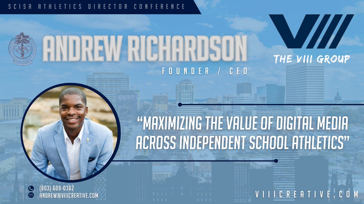 Incredibly excited to be able to represent <a href="/VIIIGroupLLC/">The VIII Group, LLC</a> and present alongside Rip Ripley (Wilson Hall) and Graham Haley (First Baptist) at tomorrow's SCISA AD's Conference!

Looking forward to sharing some insight about social media within independent school athletics!