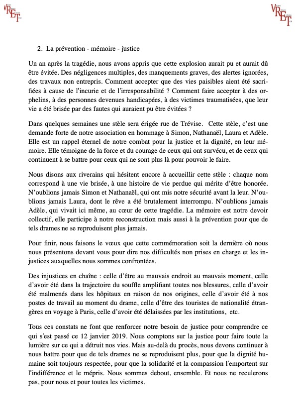 Commémoration des Victimes #ruedetrevise , 6 ans !
Discours de notre association :  
1 - L’absence de reconnaissance
2 -L' injustice 
3- La prévention - mémoire - justice